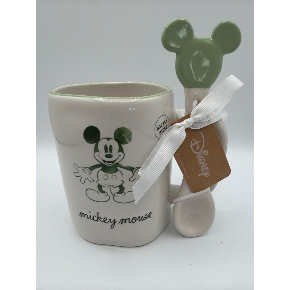 Rae Dunn Disney Mickey/Minnie Mouse Mug w/Spoon Double Sided NWT Magenta Green